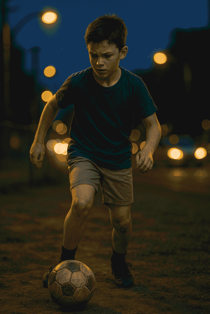 10 year old boy passionately playing football