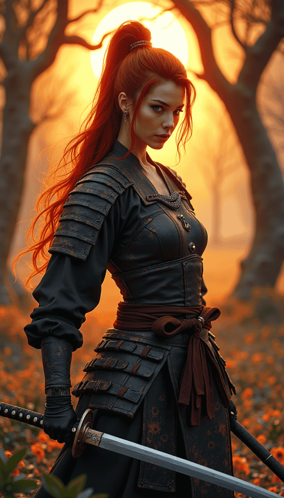 A majestic female samurai warrior from Edo Japan stands poised in a dynamic, action-ready stance