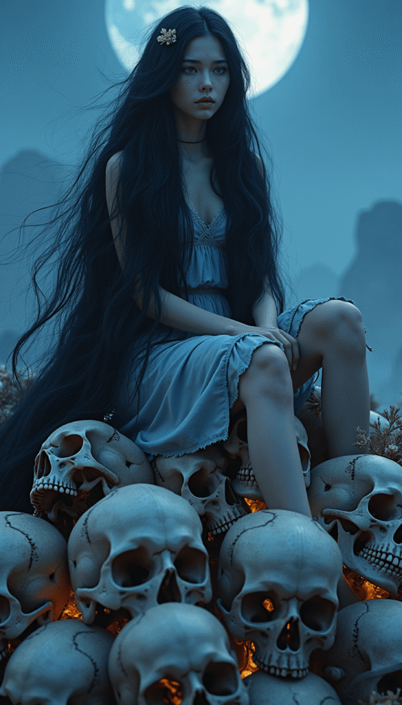 Ethereal 18-year-old woman with porcelain skin and a delicate, heart-shaped face