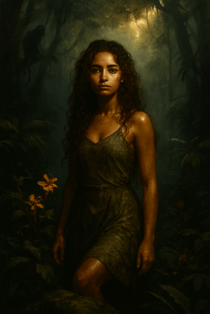 an 18-year-old girl with a radiant, sun-kissed complexion and long, curly brown hair