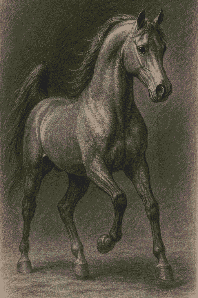 Emphasizing deep shadows and brilliant highlights on the horse