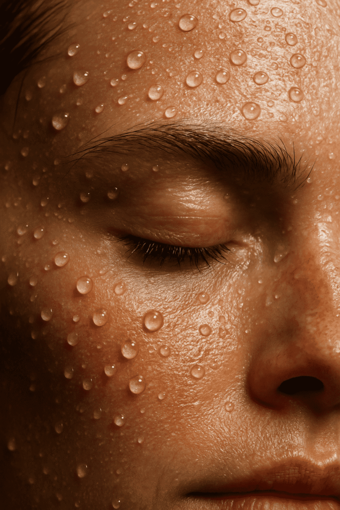 reflective water droplets are adhered tightly to the forehead and cheekbones