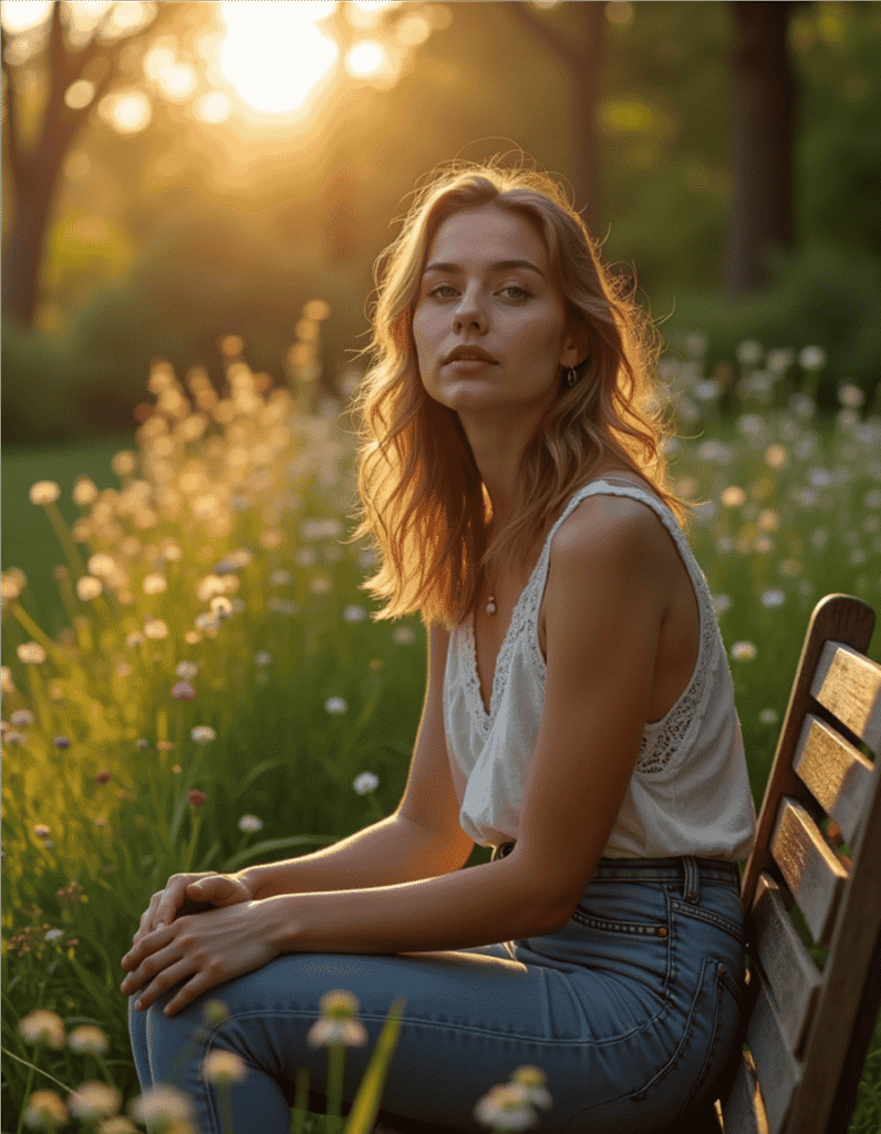 young woman seated on a rustic wooden park bench