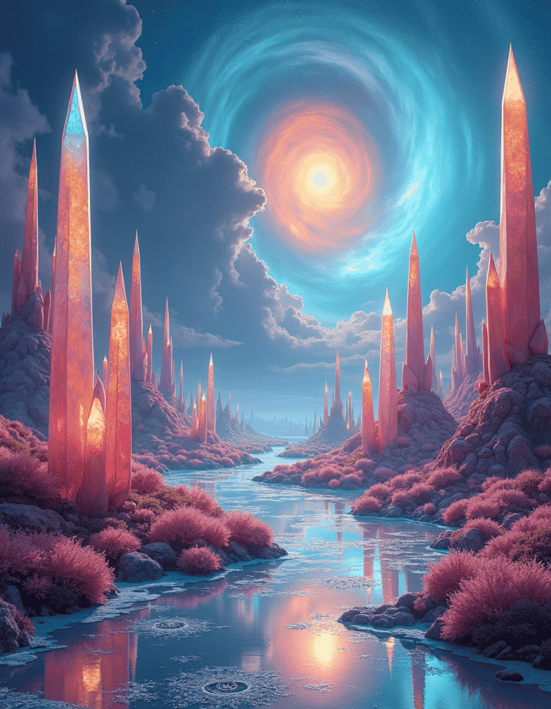 Towering crystal spires rise from the ground