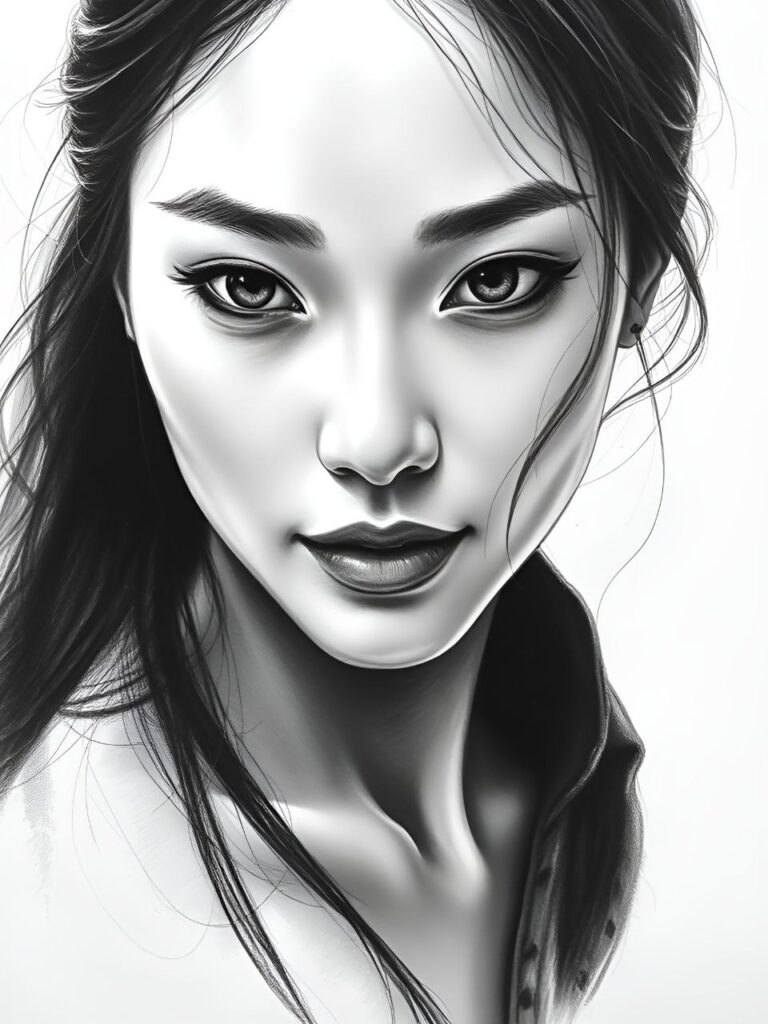 Focus on an absolutely mesmerizing, gorgeous East Asian woman with an intimate, subtle hint of a smile.