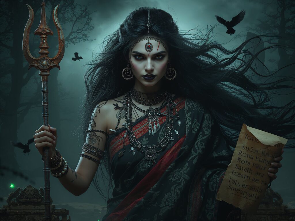 A beautiful but terrifying Indian witch, dark fantasy horror, intricate details