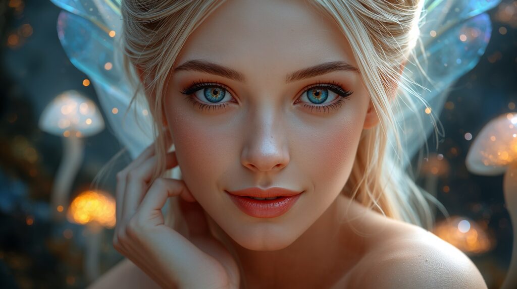 A detailed close-up portrait of a stunningly beautiful fairy face