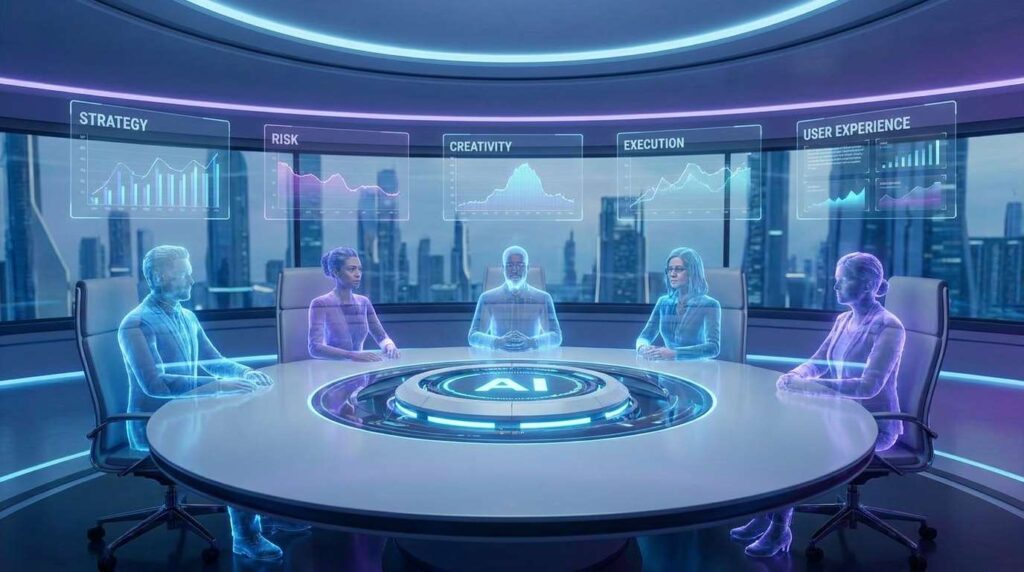 A futuristic roundtable with five holographic advisors surrounding a glowing AI core