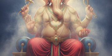 A majestic and divine 3D hyper-realistic full-body portrait of Lord Ganesha