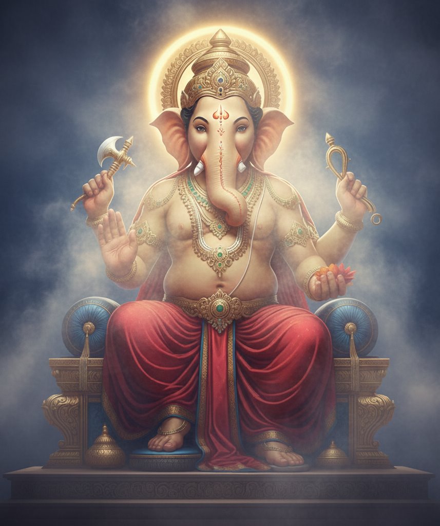 A majestic and divine 3D hyper-realistic full-body portrait of Lord Ganesha