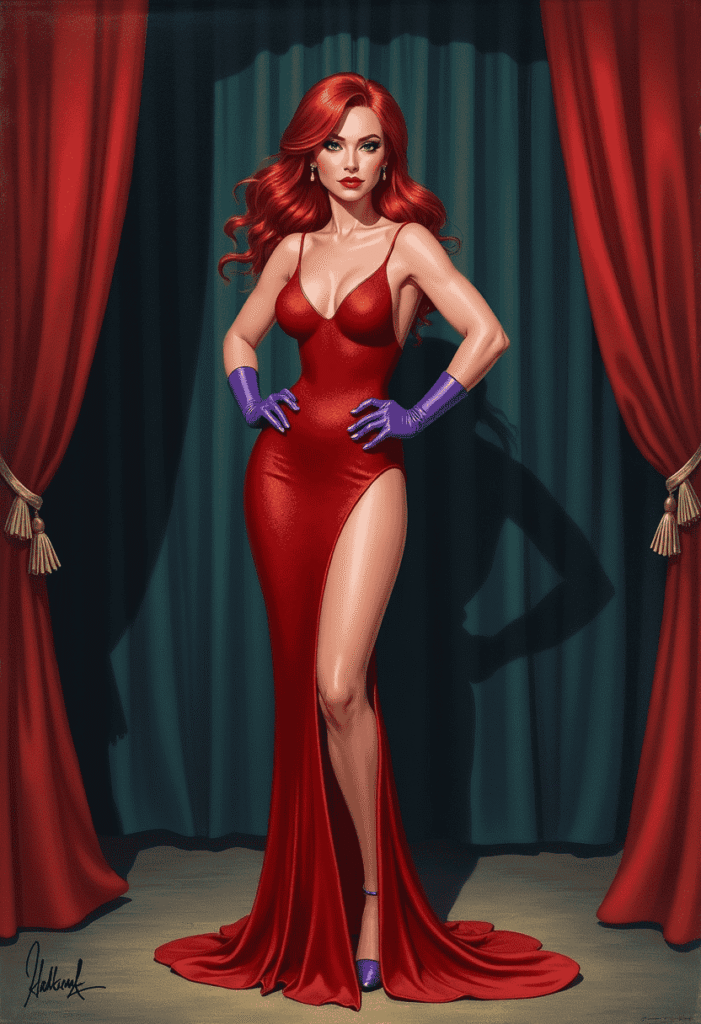A masterpiece full-body oil painting of Jessica Rabbit, standing with charismatic elegance