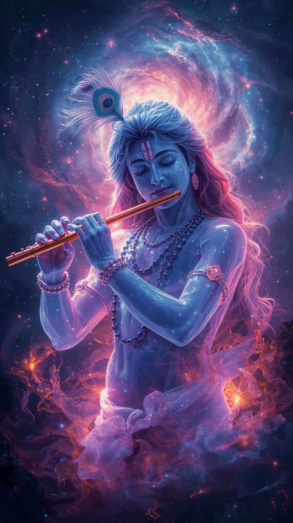 A stunning, vibrant cinematic photo of Lord Krishna as a full cosmic being