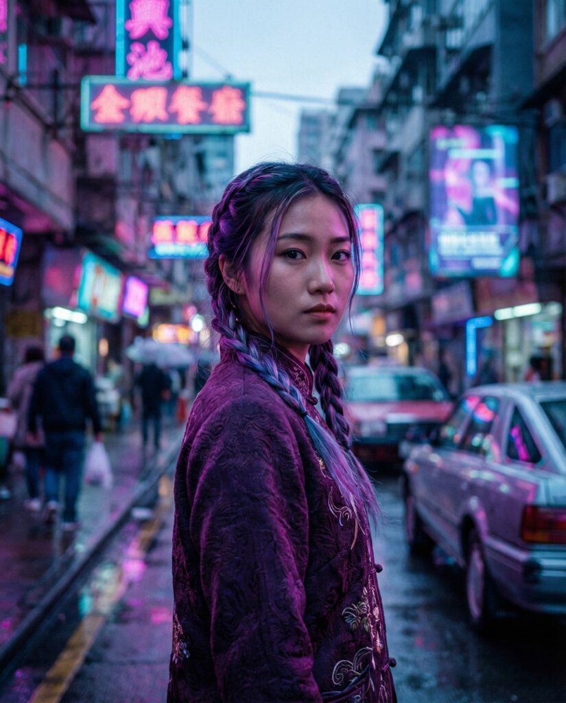 A stunning young girl wearing a modern purple top, standing confidently in a neon-lit chinapunk cityscape. 