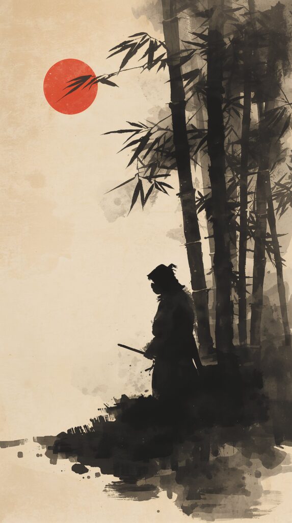 A traditional Japanese Sumi-e ink wash painting of a lone ninja