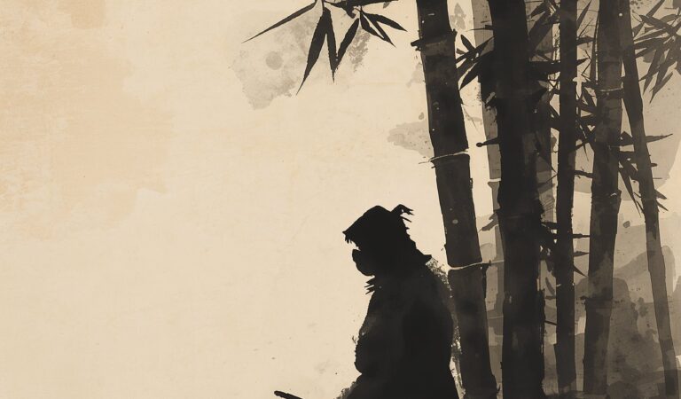 A traditional Japanese Sumi-e ink wash painting of a lone ninja