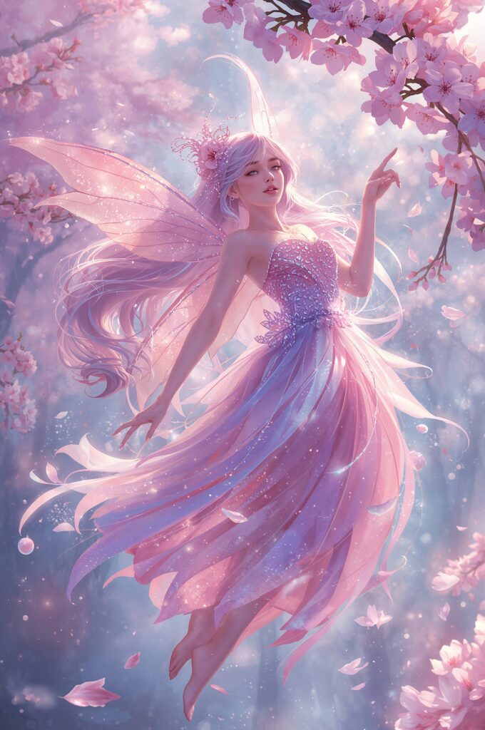 A whimsically ethereal fairy princess, her delicate wings shimmering in pastel hues of pink and lavender