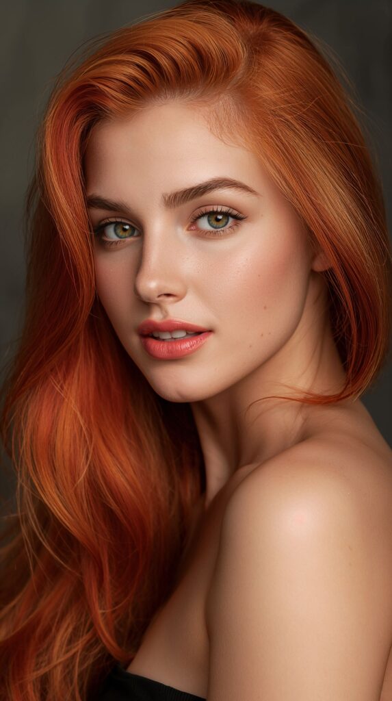 Beautiful young woman with vibrant red and golden hair that cascades down her back in loose waves