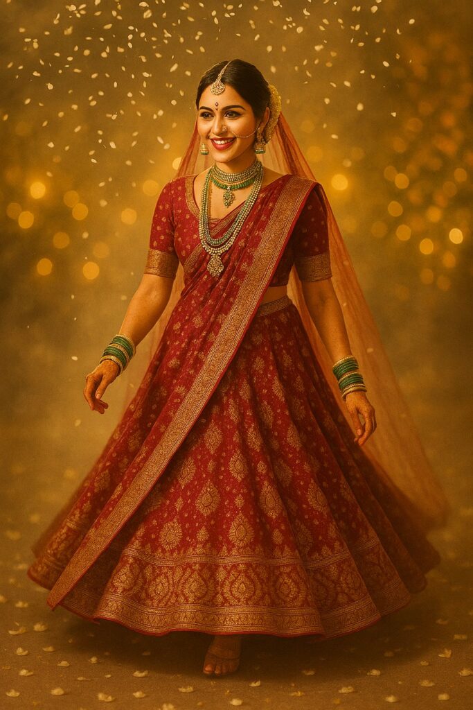 Indian bride walking during her wedding entry, flower shower above her, warm golden lights, soft haze