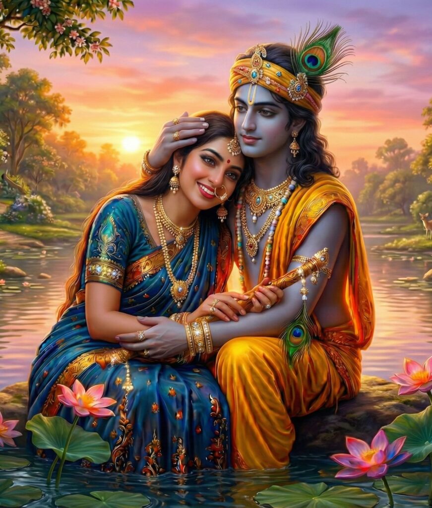 Lord Krishna and Radha seated together in a deeply emotional and romantic pose