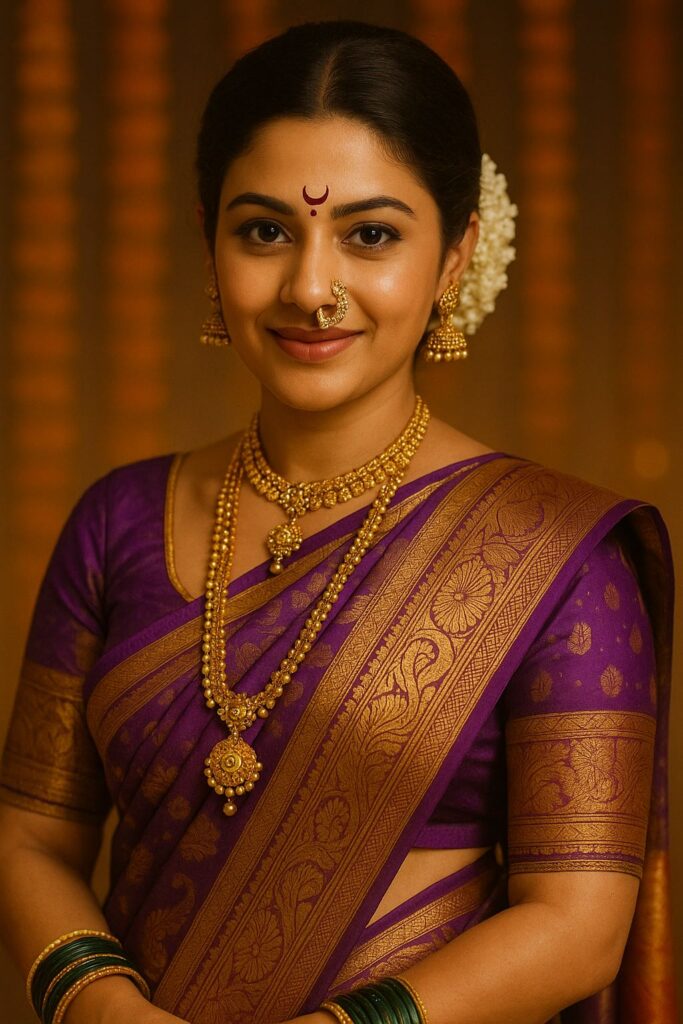 Marathi bride with traditional nath, green chooda, crescent bindi, paithani saree in purple and gold, soft warm lighting