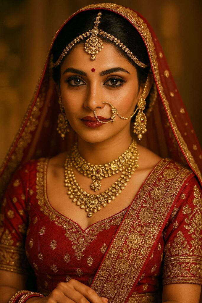 North Indian bride in deep red bridal lehenga, heavy gold zari work, kundan jewelry set with nath and matha patti, bold kohl eyes, red bindi, warm glowing skin.