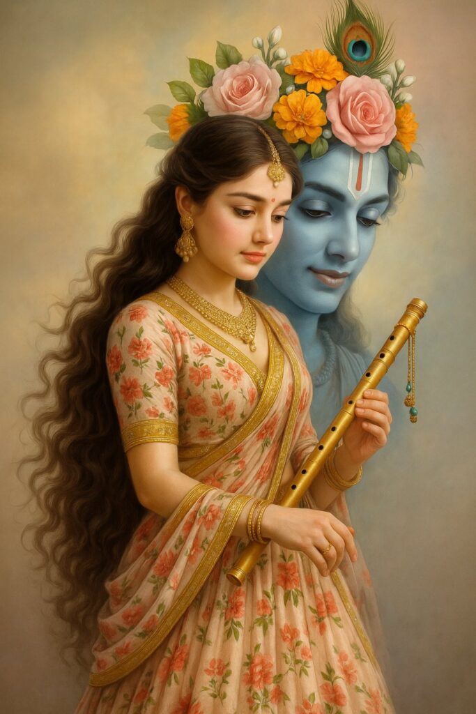 divine portrait of Radha standing gracefully in side profile, holding a golden flute