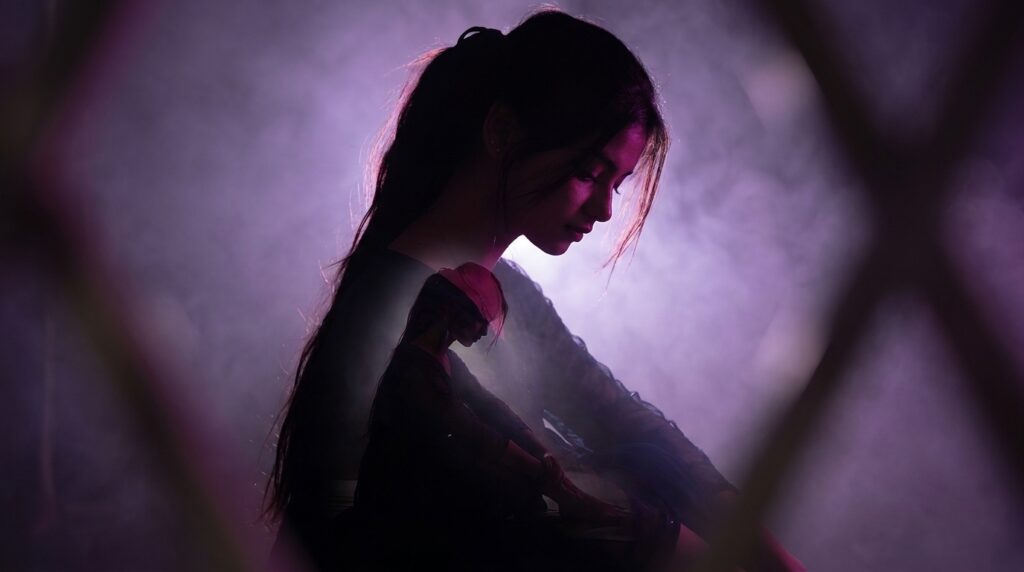 Surreal double exposure fine art AI portrait with cinematic lighting and layered silhouette effect.