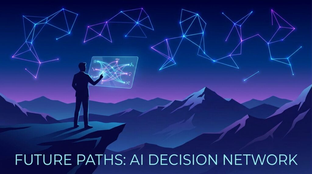 Vantage AI prompt for ChatGPT, illustration of a person at a vantage point viewing glowing branching decision paths