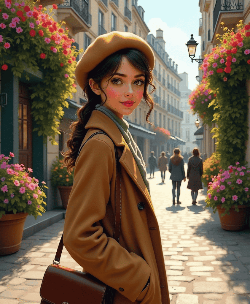 an 18-year-old girl pausing on a cobblestone street in 1930s Paris