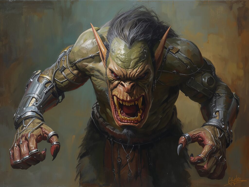 an augmented troll looms in an oil painting, its twisted limbs enhanced with gleaming metallic prosthetics.