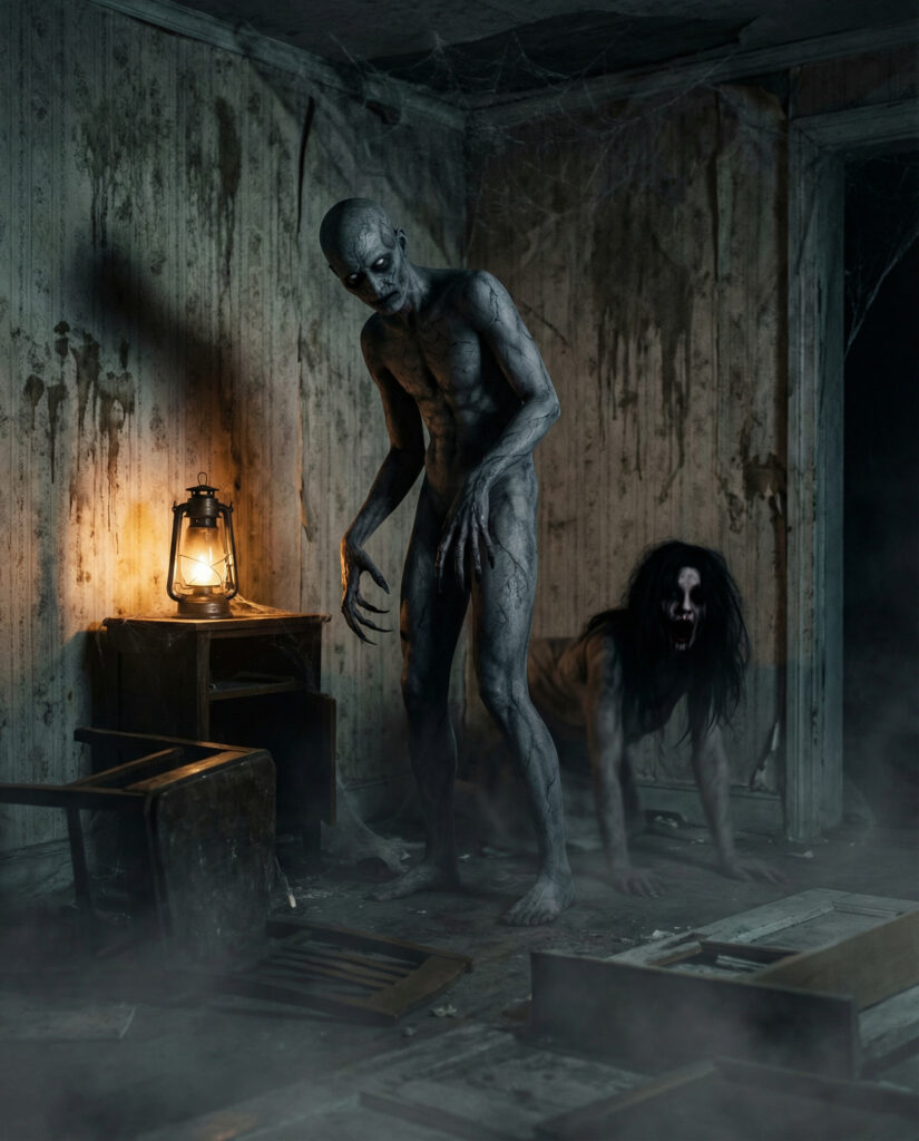 A hyper-realistic, nightmarish horror scene inside an abandoned, decaying house