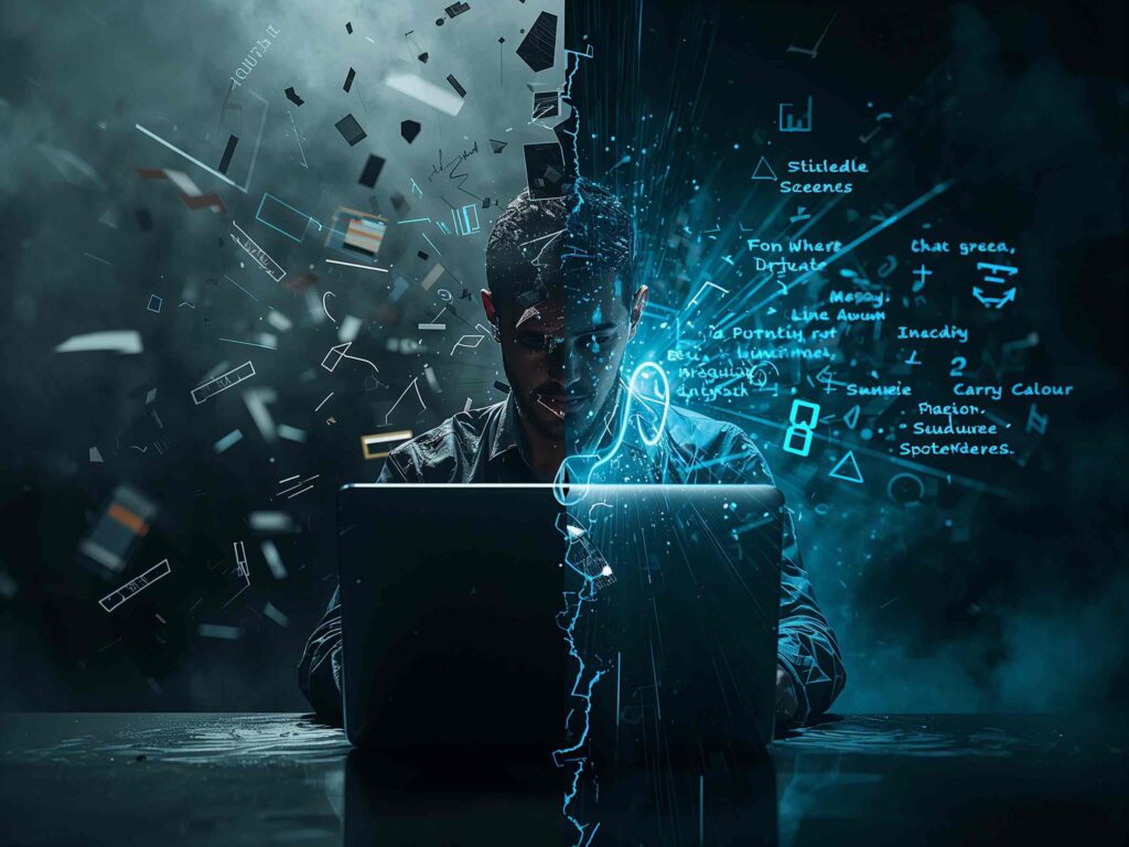 Person typing a clear AI prompt with focused text on screen