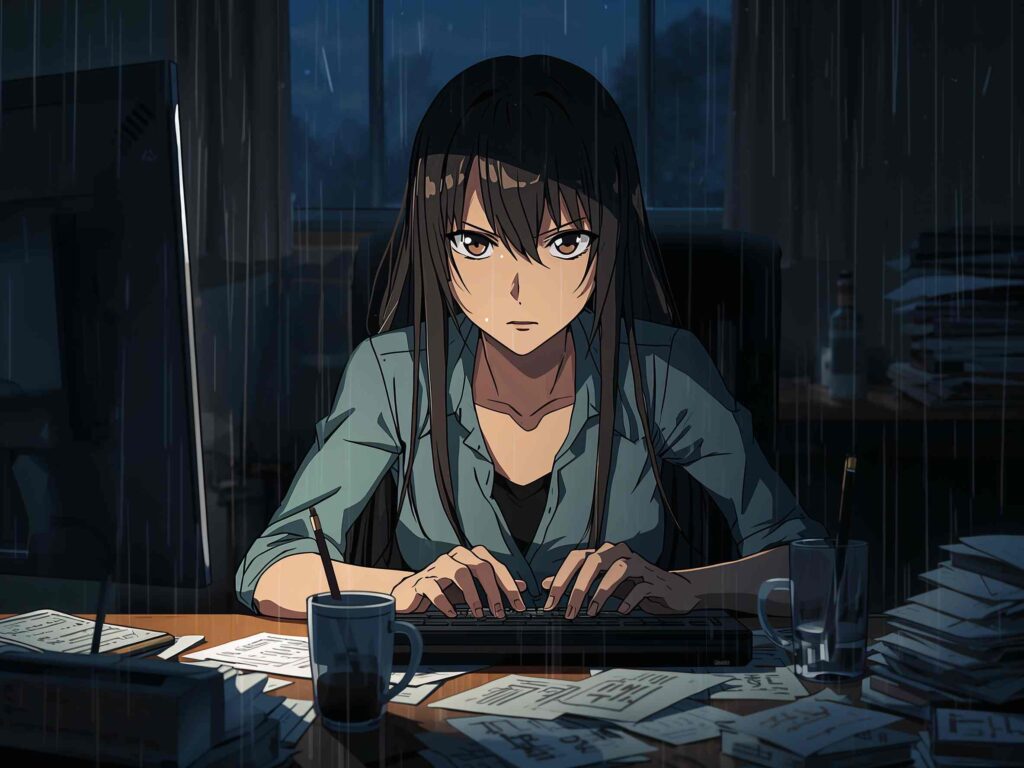 Writer crafting clear AI prompts late at night