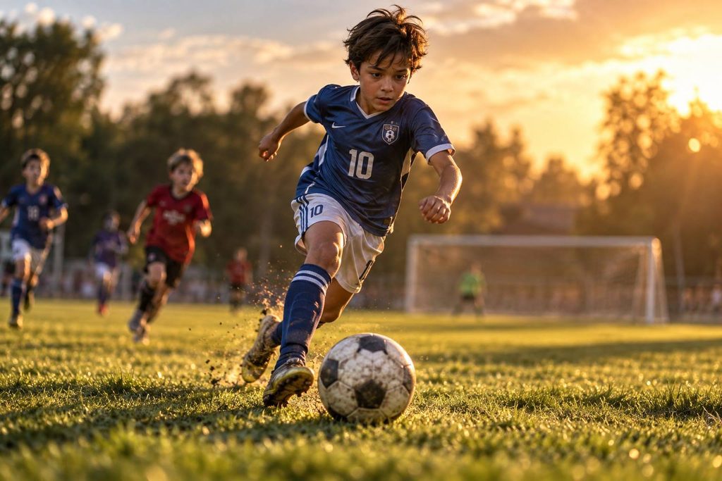 10 year old boy passionately playing football
