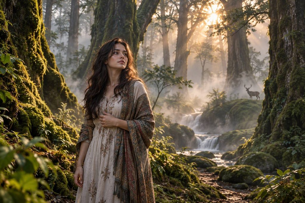 A serene adult woman standing alone