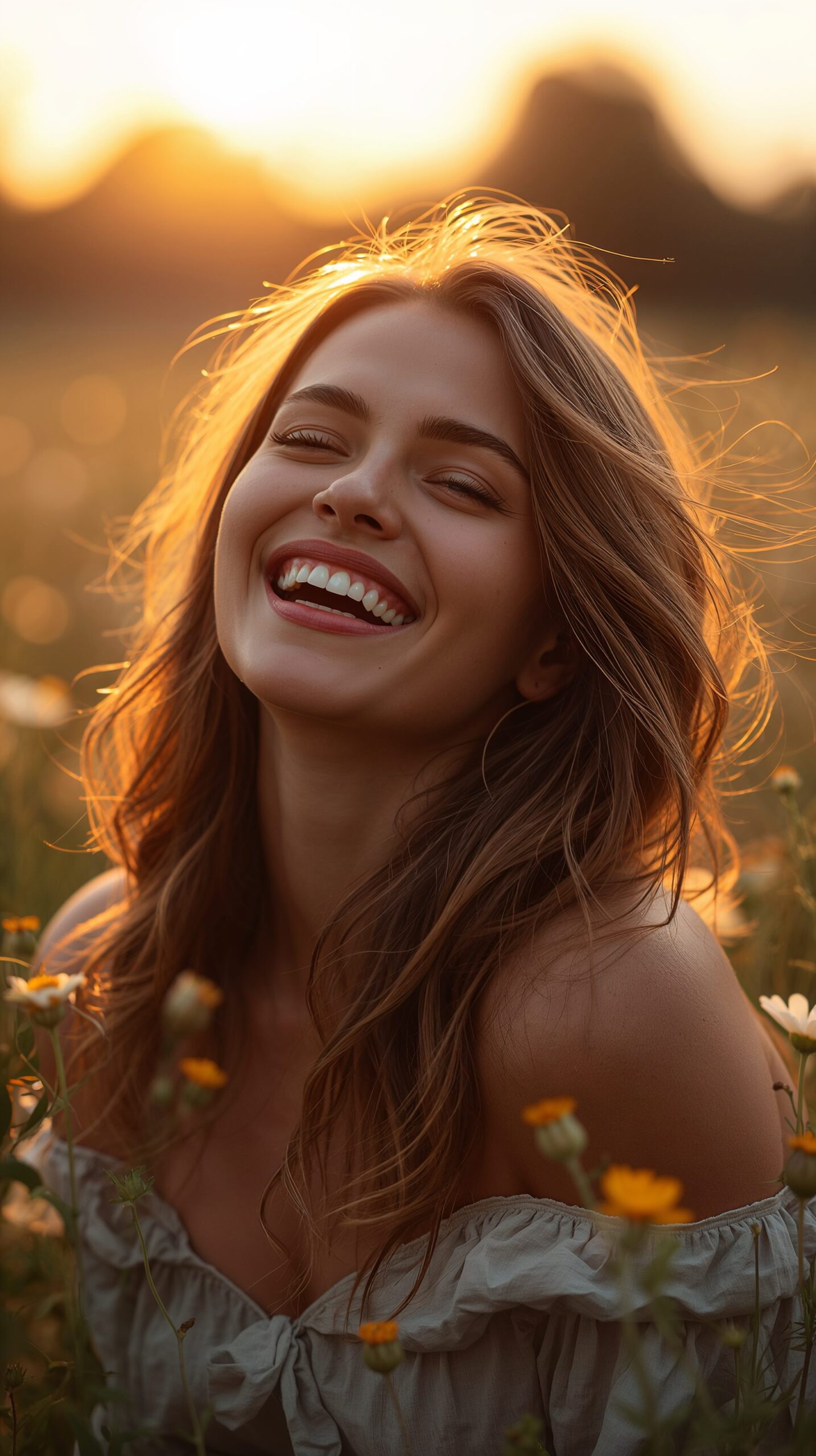 A stunning young woman laughing joyfully in a field of wildflowers during the golden hour