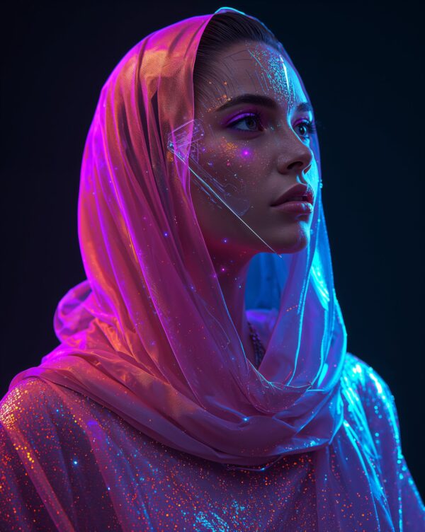 A technologically elevated digital nomad, draped in shimmering silks