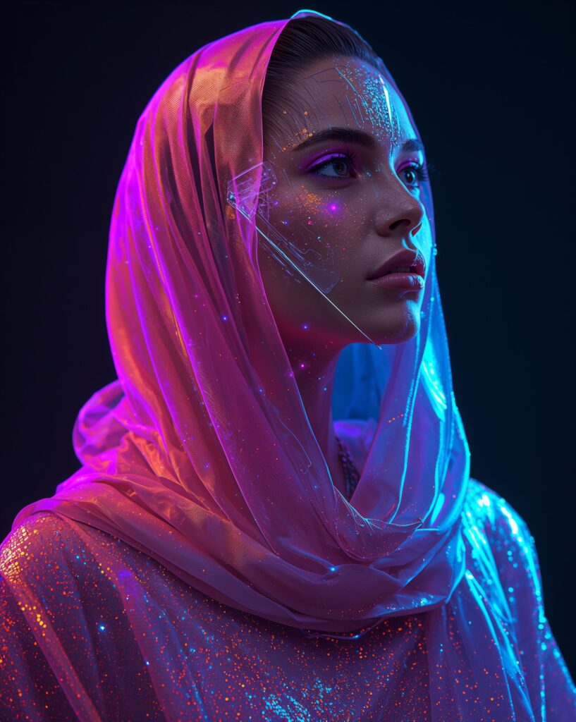 A technologically elevated digital nomad, draped in shimmering silks