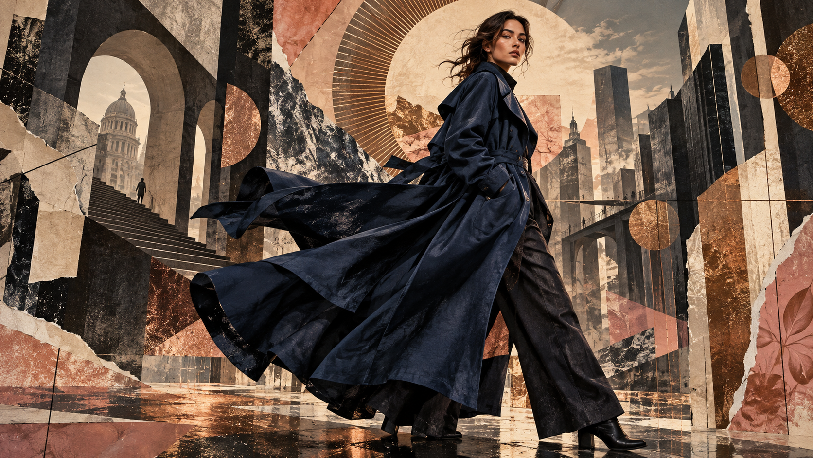 Avant-Garde Fashion Collage with Midnight Blue and Copper