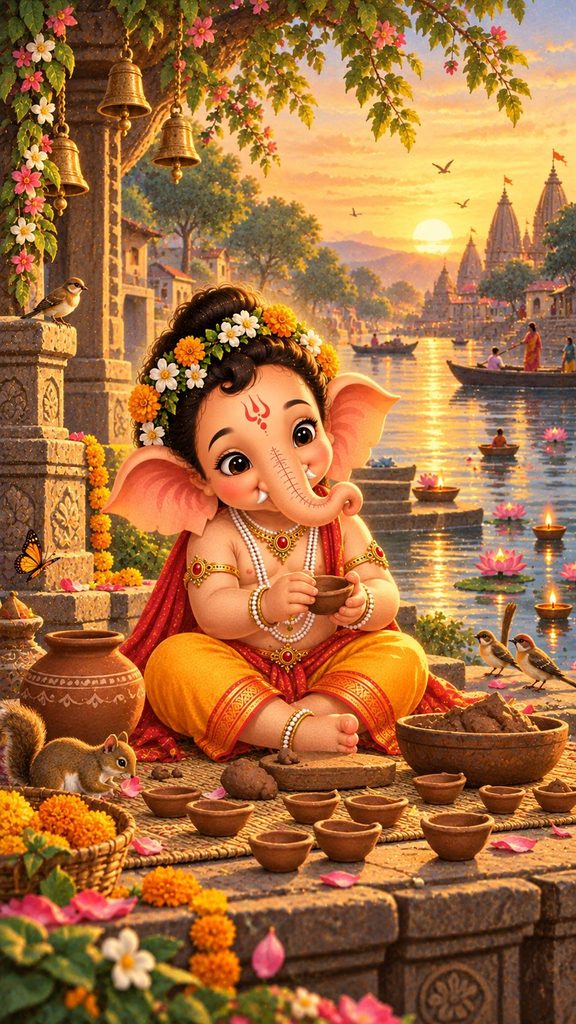 Bal Ganesh Making Little Diyas