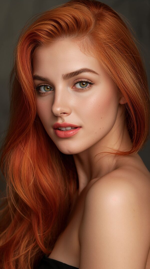 Beautiful young woman with vibrant red and golden hair that cascades down her back in loose waves