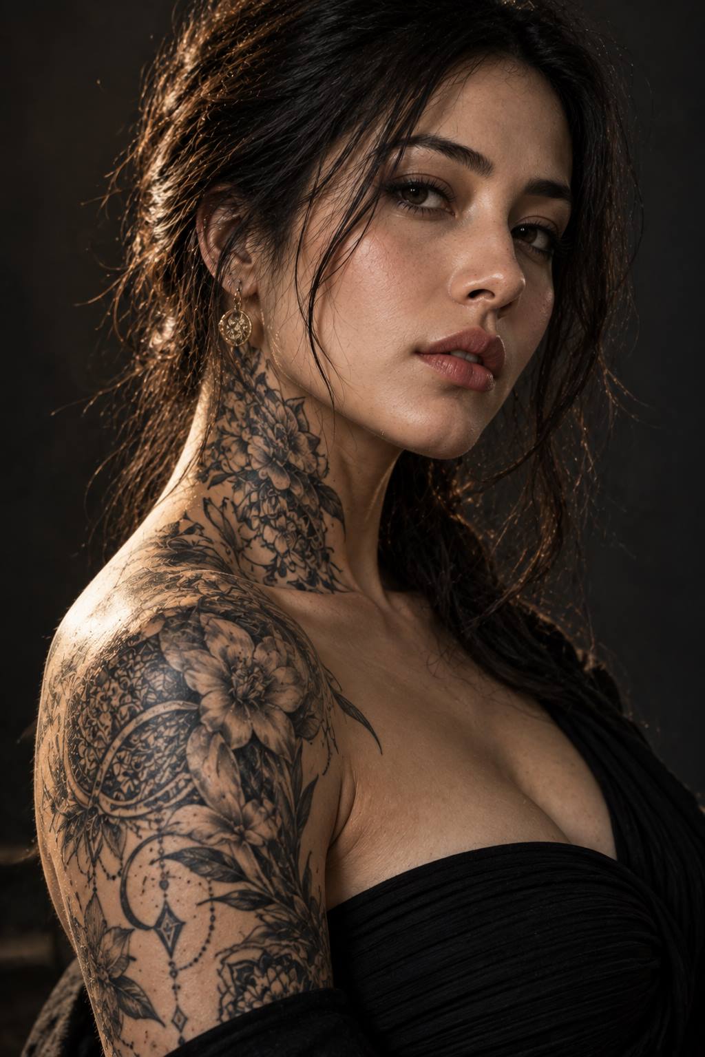 Beauty Model with Intricate Neck and Shoulder Tattoos