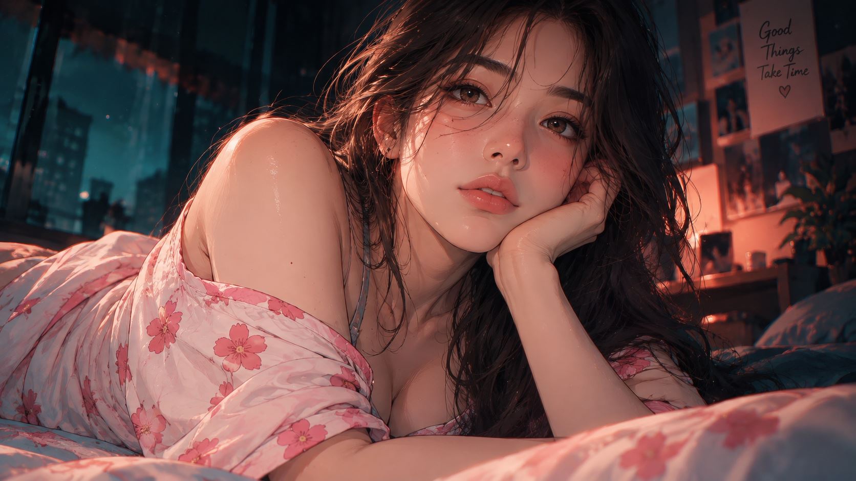 Cinematic Anime Girl in a Cozy Nighttime Bedroom