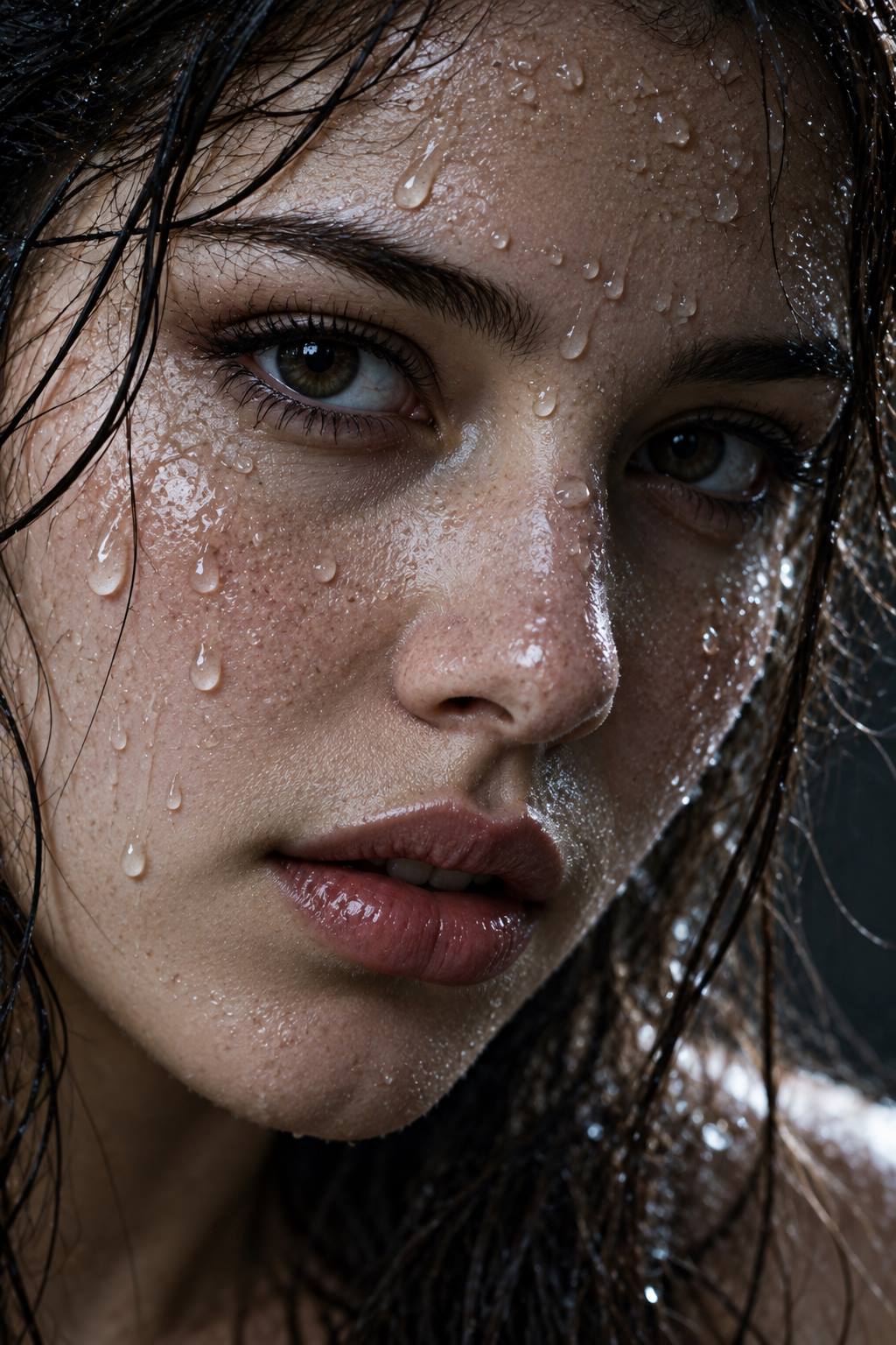 Reflective water droplets are adhered tightly to the forehead and cheekbones