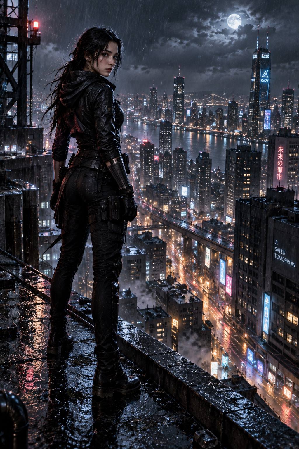 A young female vigilante standing vigilantly on a rain-slicked rooftop in a sprawling