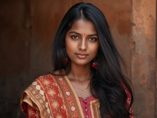 Indian 19 years old female with dark brown skin and long black hair, wearing a traditional outfit with intricate embroidery and patterns