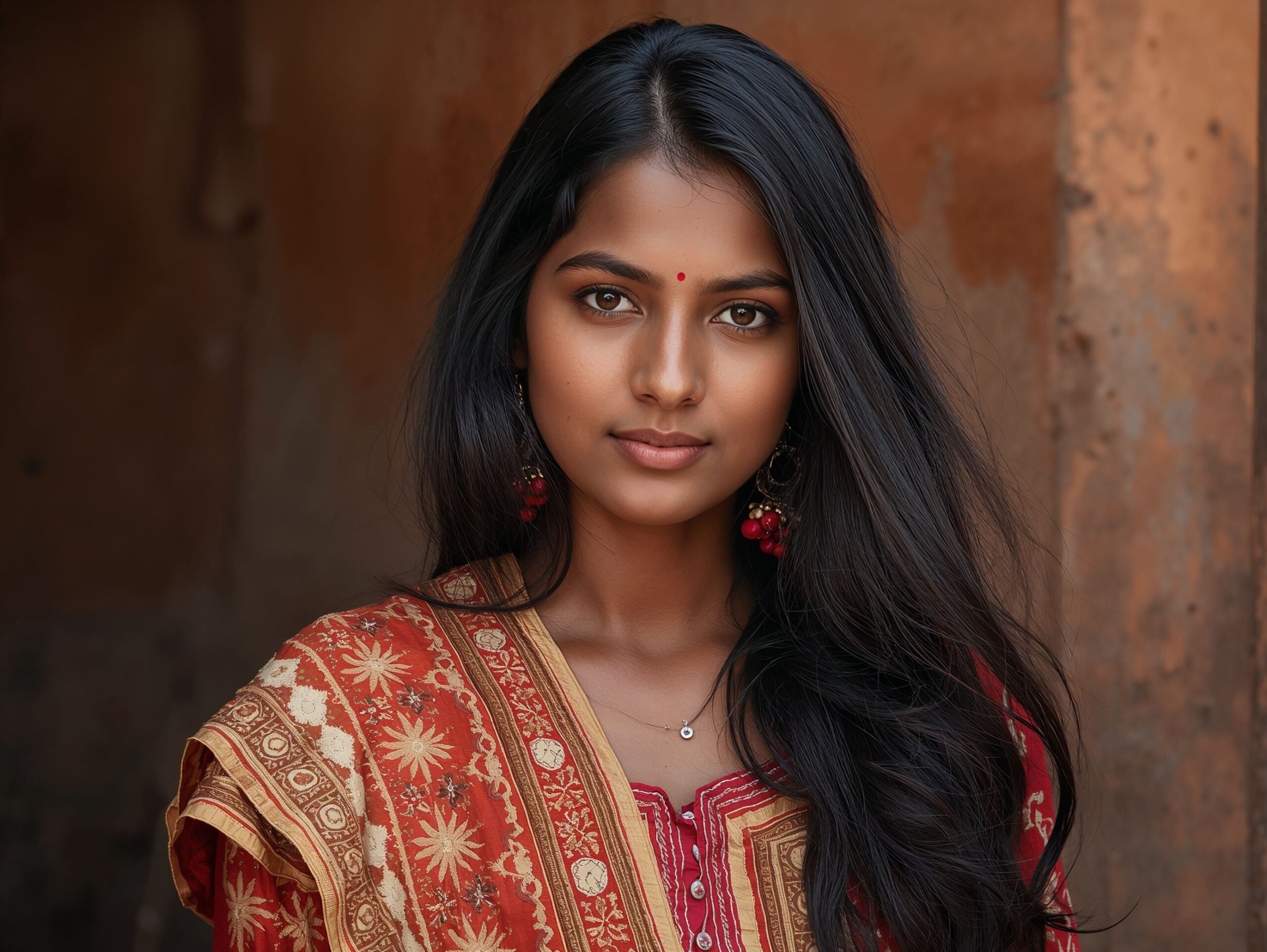 Indian 19 years old female with dark brown skin and long black hair, wearing a traditional outfit with intricate embroidery and patterns