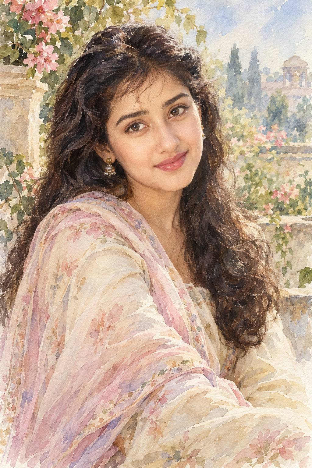 Manisha Koirala Watercolor Portrait AI Image Prompt