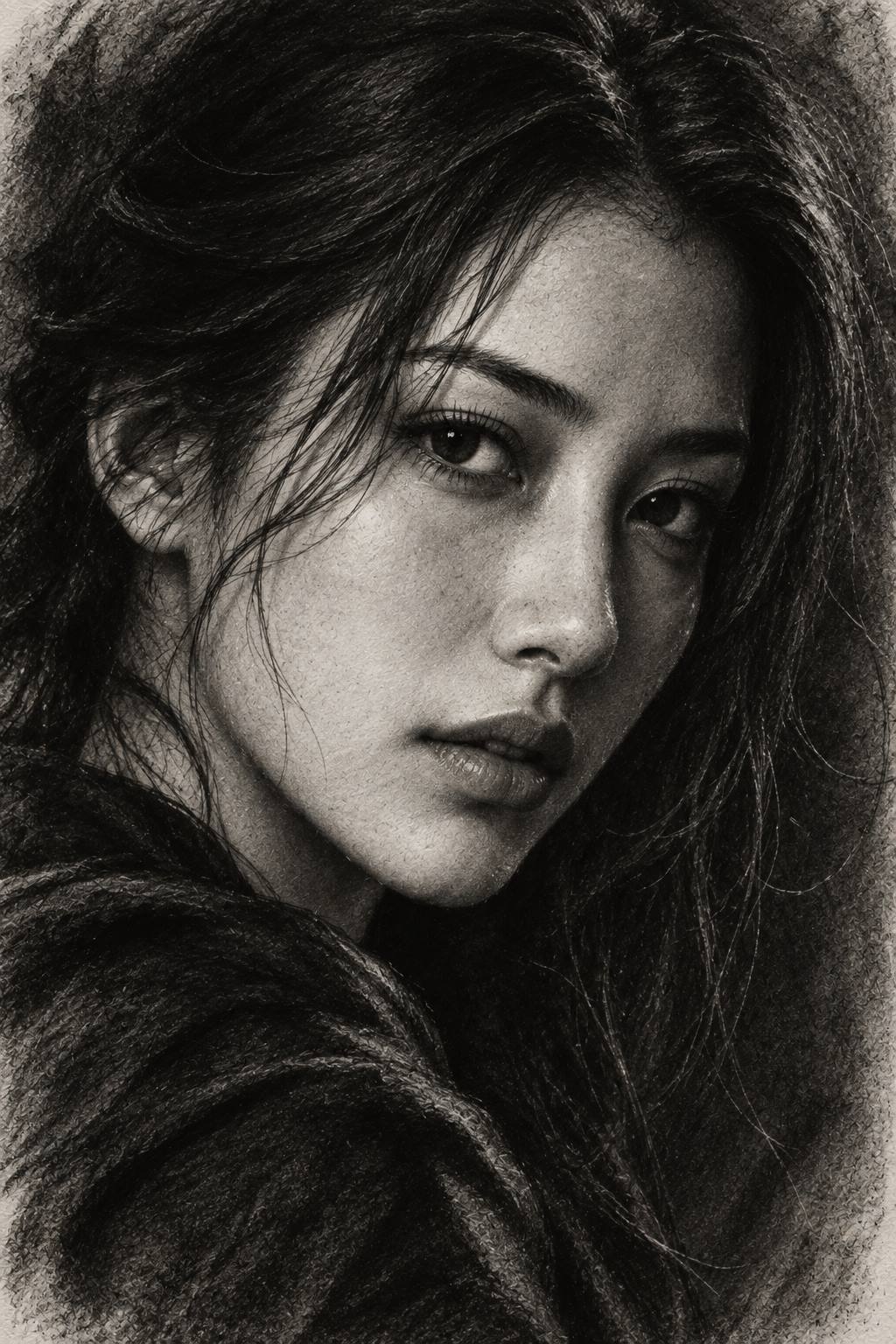 Mesmerizing East Asian Woman Charcoal Portrait