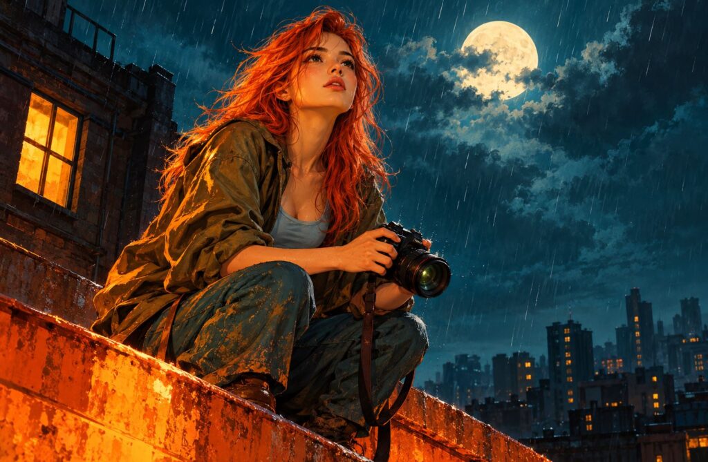 young woman on rainy rooftop
